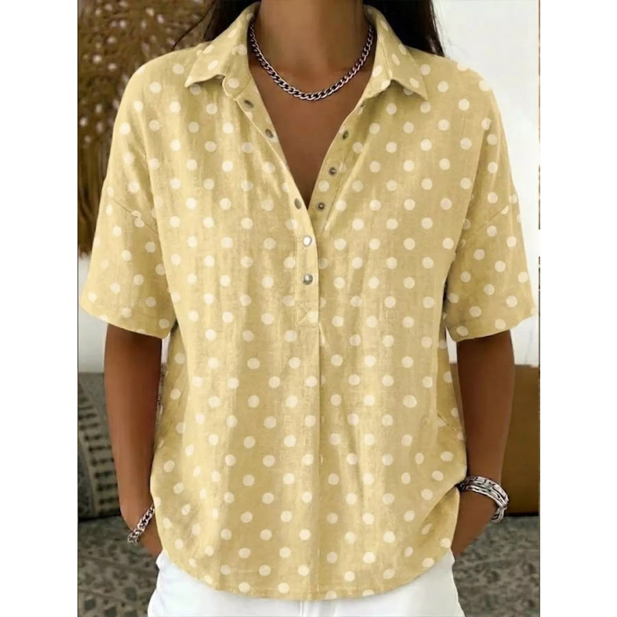 Full Size Polka Dot Short Sleeve Shirt Plus Size Yellow / S Apparel and Accessories