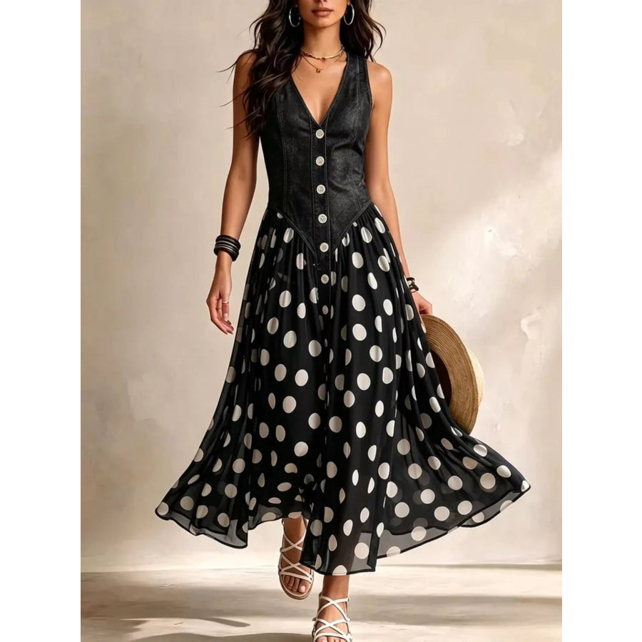 Full Size Polka Dot Sleeveless Maxi Dress Plus Black Dots / S Apparel and Accessories