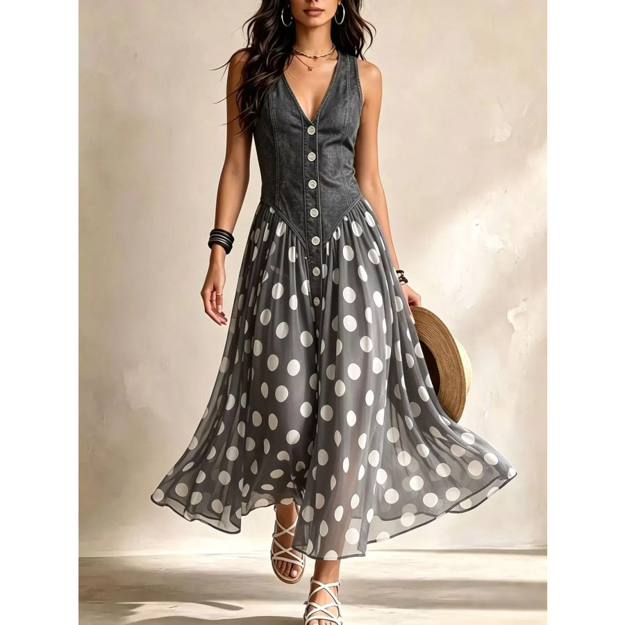 Full Size Polka Dot Sleeveless Maxi Dress Plus Gray Dots / S Apparel and Accessories
