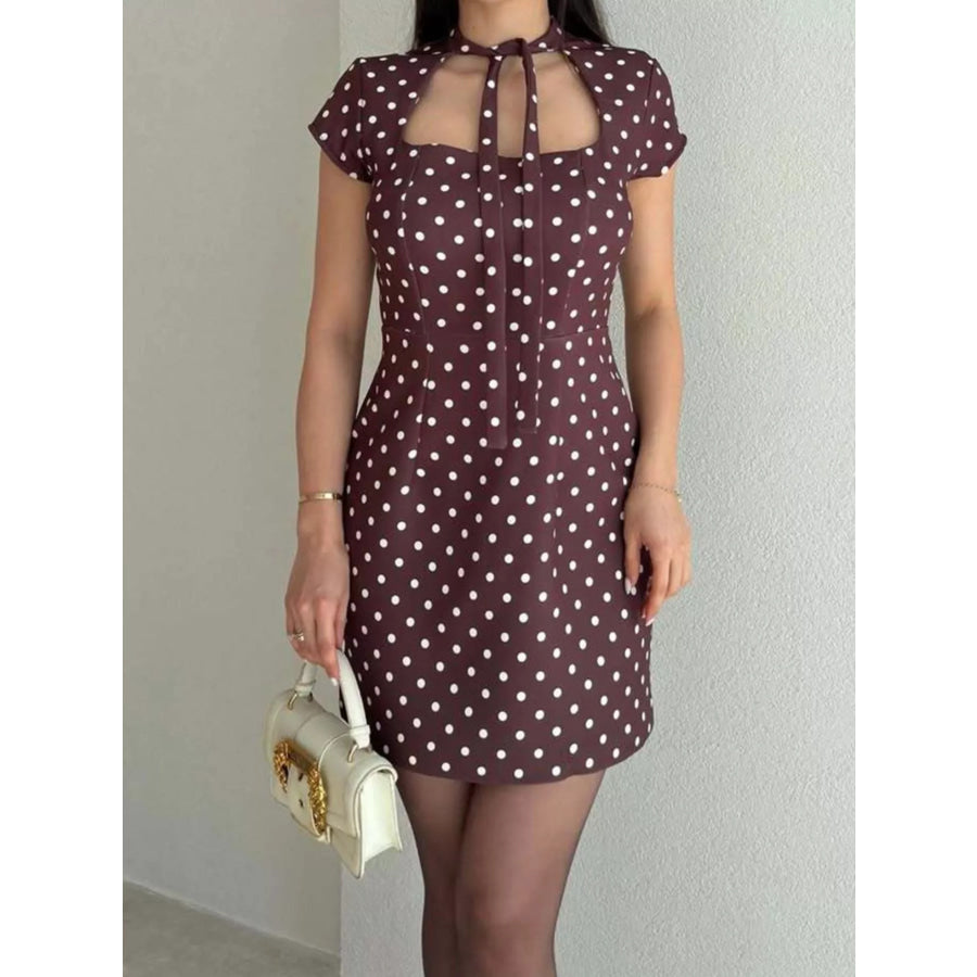 Full Size Polka Dot Tie-Neck Bodycon Mini Dress Plus Purple / S Apparel and Accessories