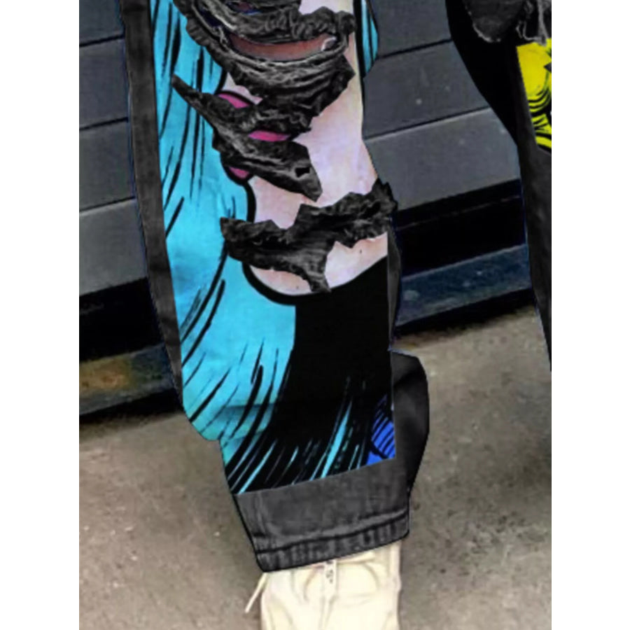 Full Size Pop Art Graphic Distressed Wide-Leg Jeans Plus Apparel and Accessories