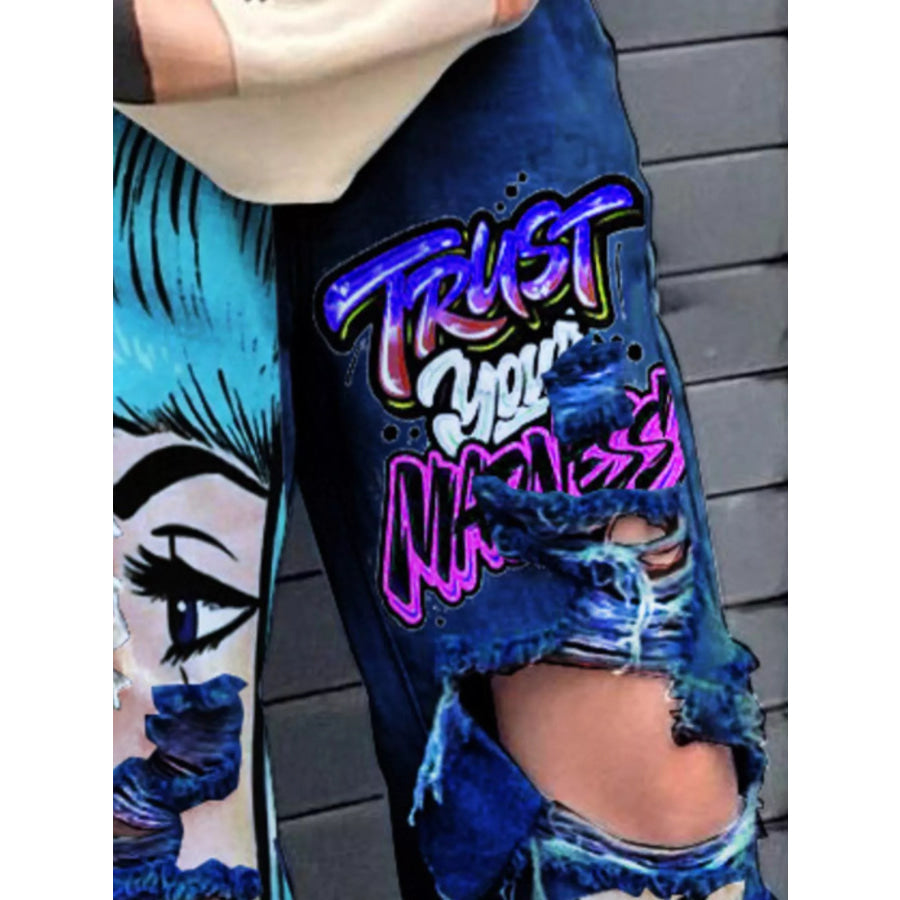 Full Size Pop Art Graphic Distressed Wide-Leg Jeans Plus Apparel and Accessories