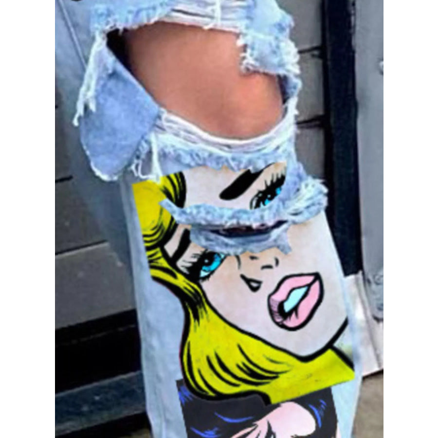 Full Size Pop Art Graphic Distressed Wide-Leg Jeans Plus Light Blue / S Apparel and Accessories