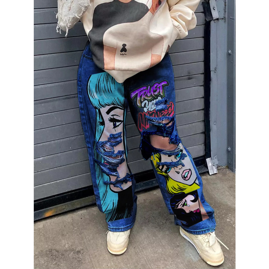 Full Size Pop Art Graphic Distressed Wide-Leg Jeans Plus Dark Blue / S Apparel and Accessories