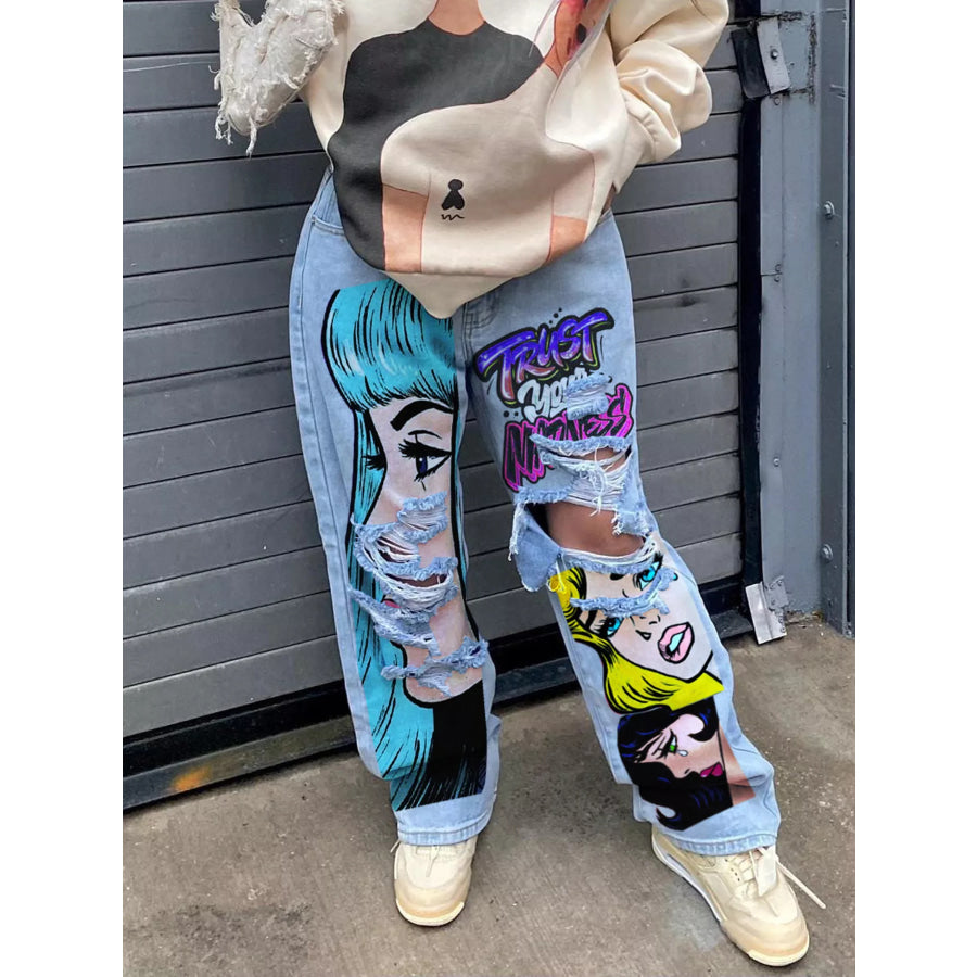 Full Size Pop Art Graphic Distressed Wide-Leg Jeans Plus Light Blue / S Apparel and Accessories
