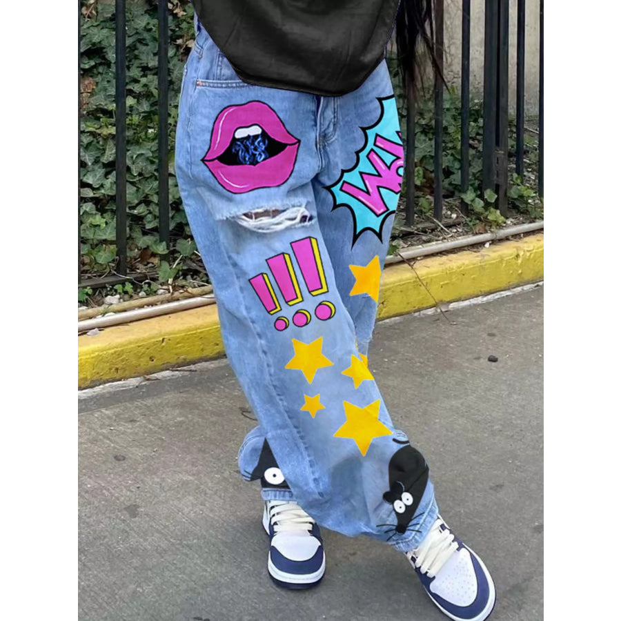 Full Size Pop Art Print Loose Fit Jeans Plus Apparel and Accessories