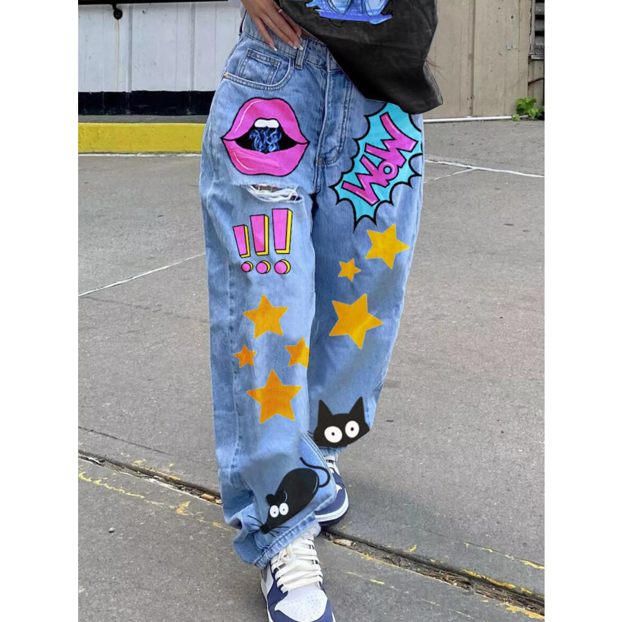 Full Size Pop Art Print Loose Fit Jeans Plus Light Blue / S Apparel and Accessories