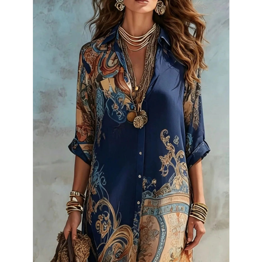 Full Size Printed Button-Down Maxi Shirt Dress Plus Apparel and Accessories