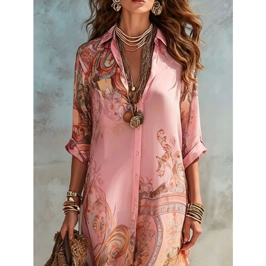 Full Size Printed Button-Down Maxi Shirt Dress Plus Apparel and Accessories