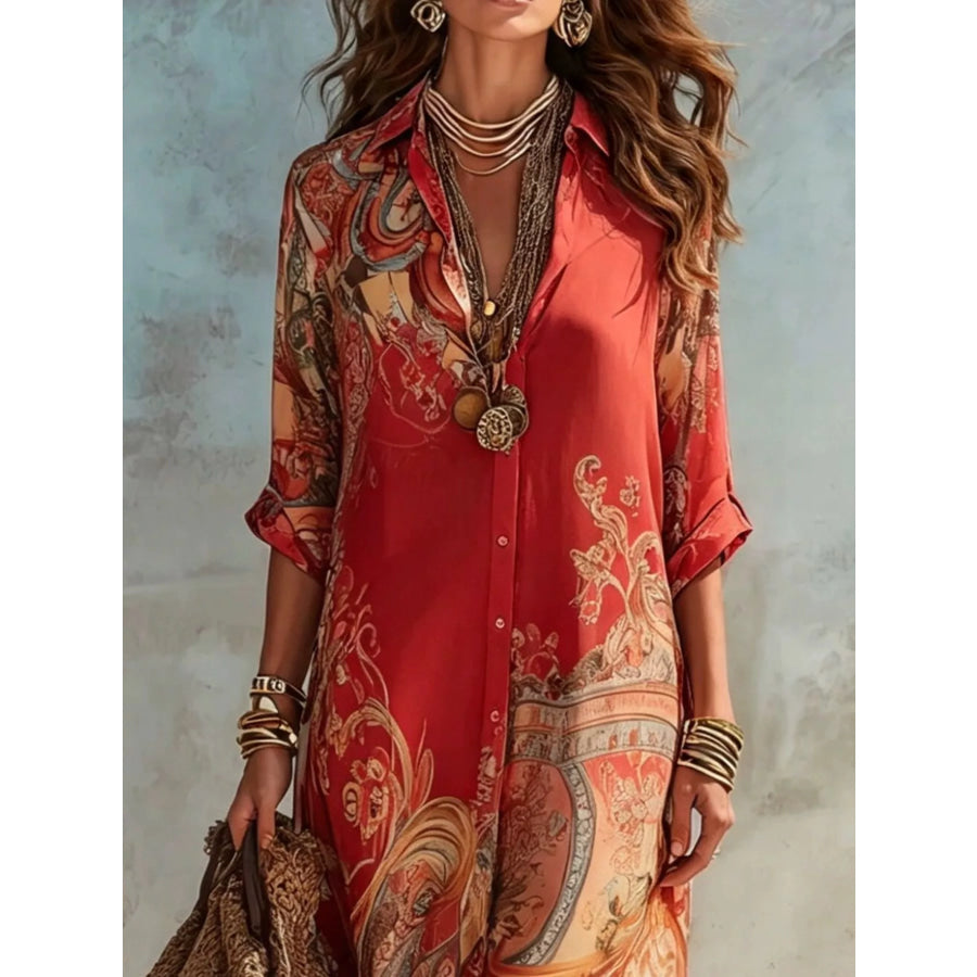Full Size Printed Button-Down Maxi Shirt Dress Plus Apparel and Accessories