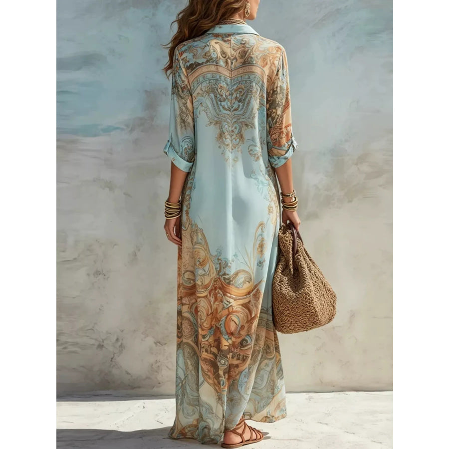 Full Size Printed Button-Down Maxi Shirt Dress Plus Apparel and Accessories