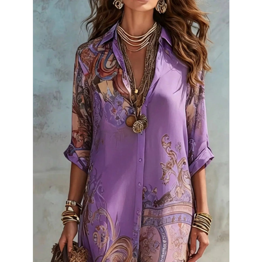 Full Size Printed Button-Down Maxi Shirt Dress Plus Apparel and Accessories