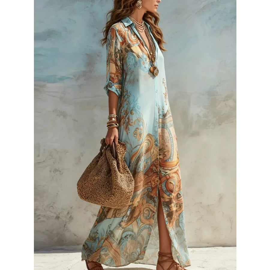 Full Size Printed Button-Down Maxi Shirt Dress Plus Apparel and Accessories
