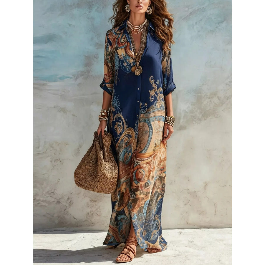 Full Size Printed Button-Down Maxi Shirt Dress Plus Dark Blue / S Apparel and Accessories