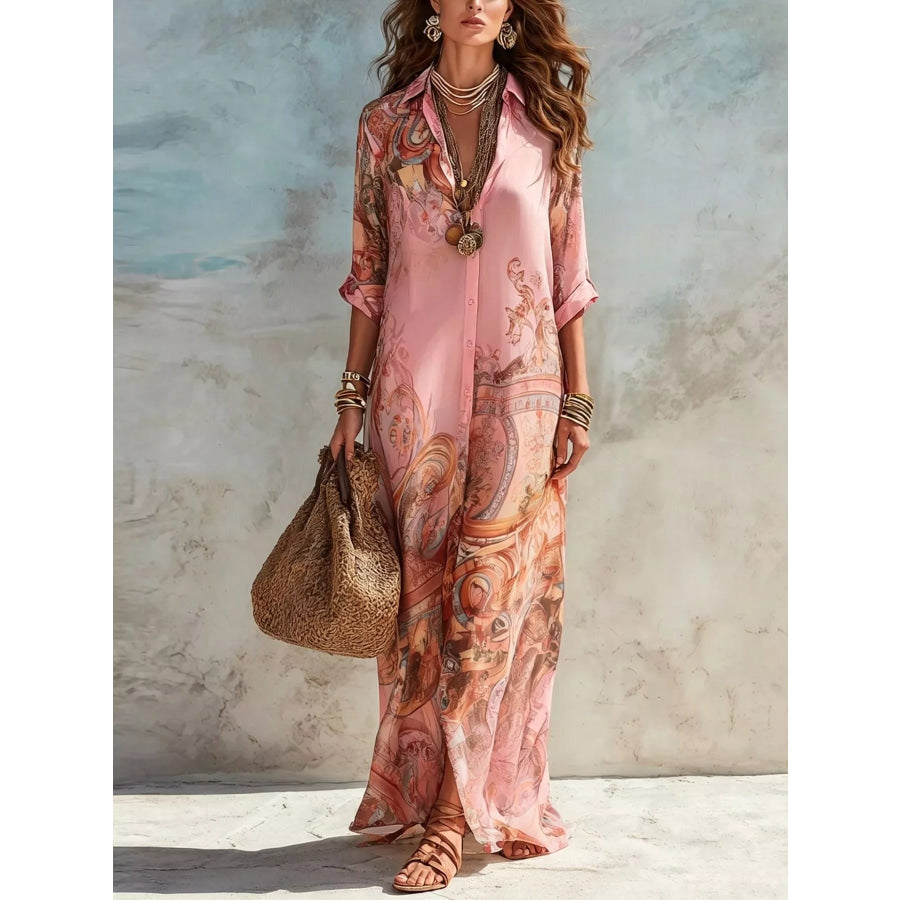 Full Size Printed Button-Down Maxi Shirt Dress Plus Pink / S Apparel and Accessories