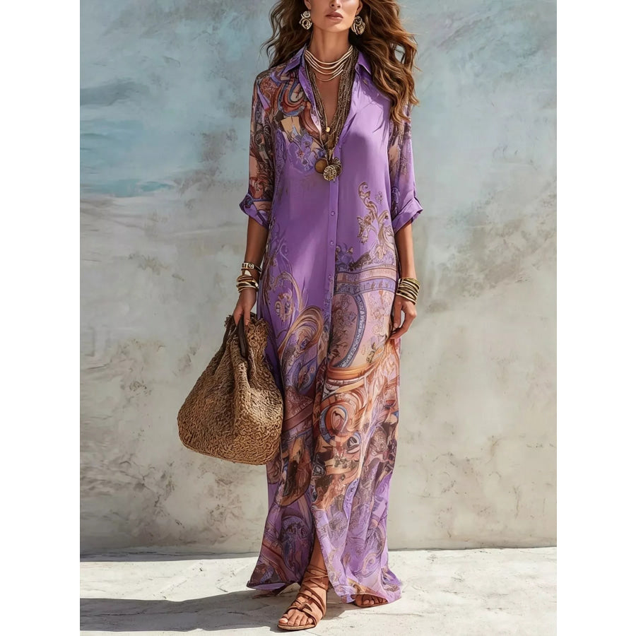 Full Size Printed Button-Down Maxi Shirt Dress Plus Purple / S Apparel and Accessories