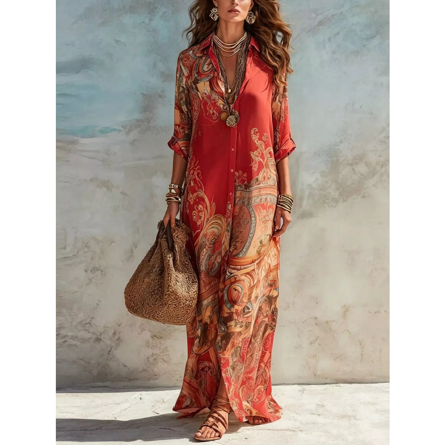 Full Size Printed Button-Down Maxi Shirt Dress Plus Red / S Apparel and Accessories