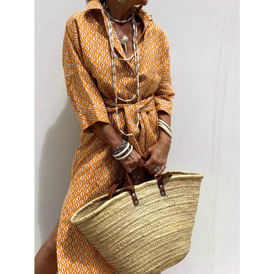 Full Size Printed Button-Down Midi Dress Plus Size Orange / S Apparel and Accessories