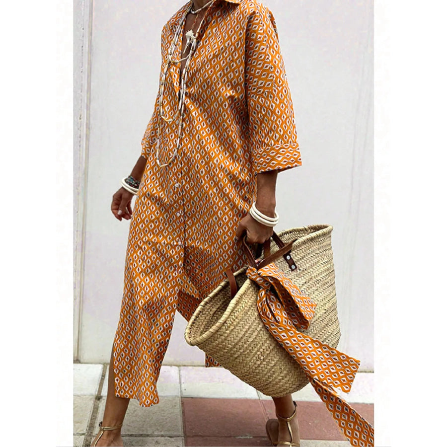 Full Size Printed Button-Down Midi Dress Plus Size Orange / S Apparel and Accessories