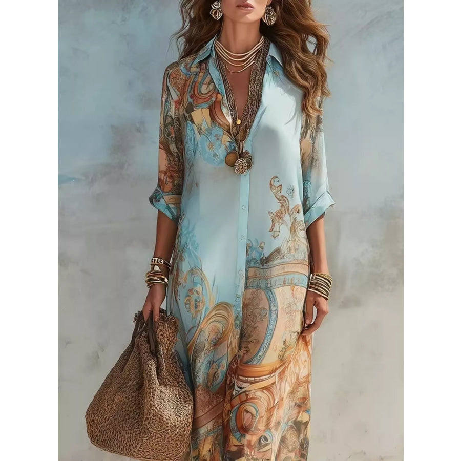 Full Size Printed Button Down Roll-Up Sleeve Shirt Maxi Dress Plus Size Apparel and Accessories