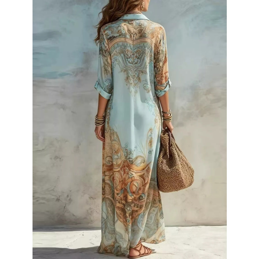 Full Size Printed Button Down Roll-Up Sleeve Shirt Maxi Dress Plus Size Apparel and Accessories
