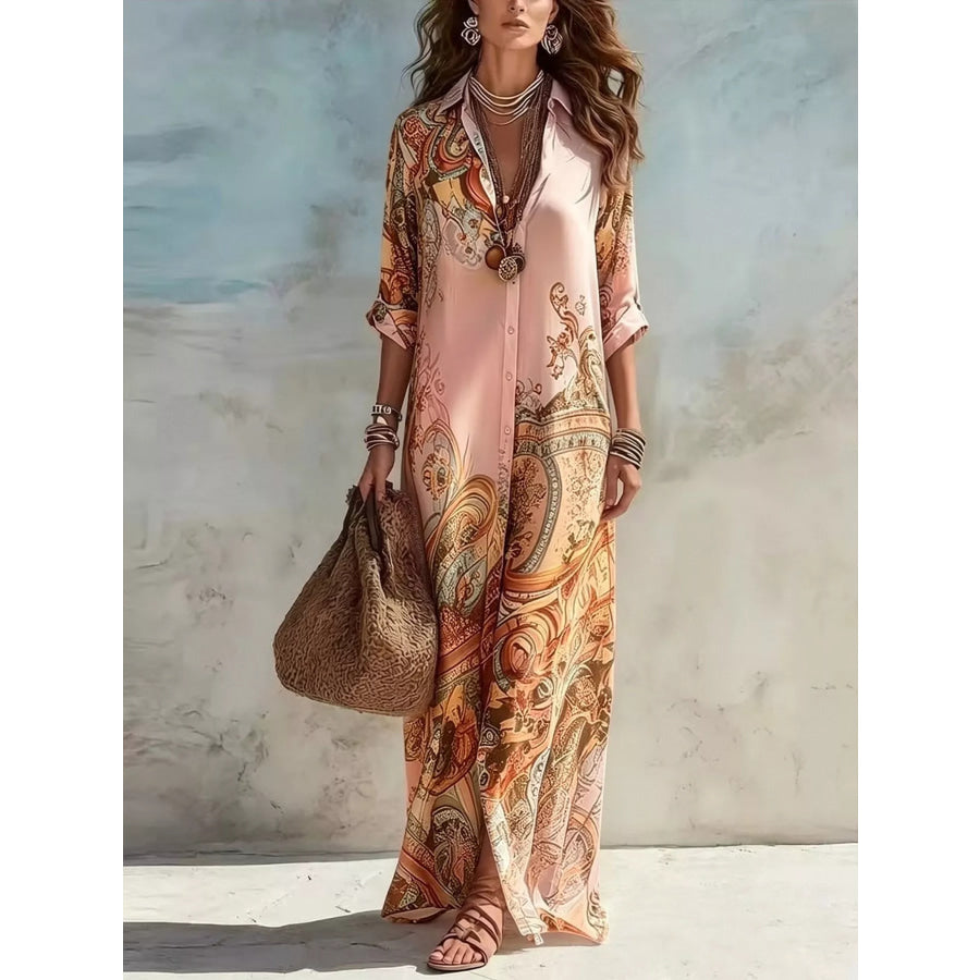 Full Size Printed Button Down Roll-Up Sleeve Shirt Maxi Dress Plus Size Blush Pink / XS Apparel and Accessories