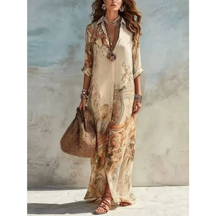 Full Size Printed Button Down Roll-Up Sleeve Shirt Maxi Dress Plus Size Brown / XS Apparel and Accessories