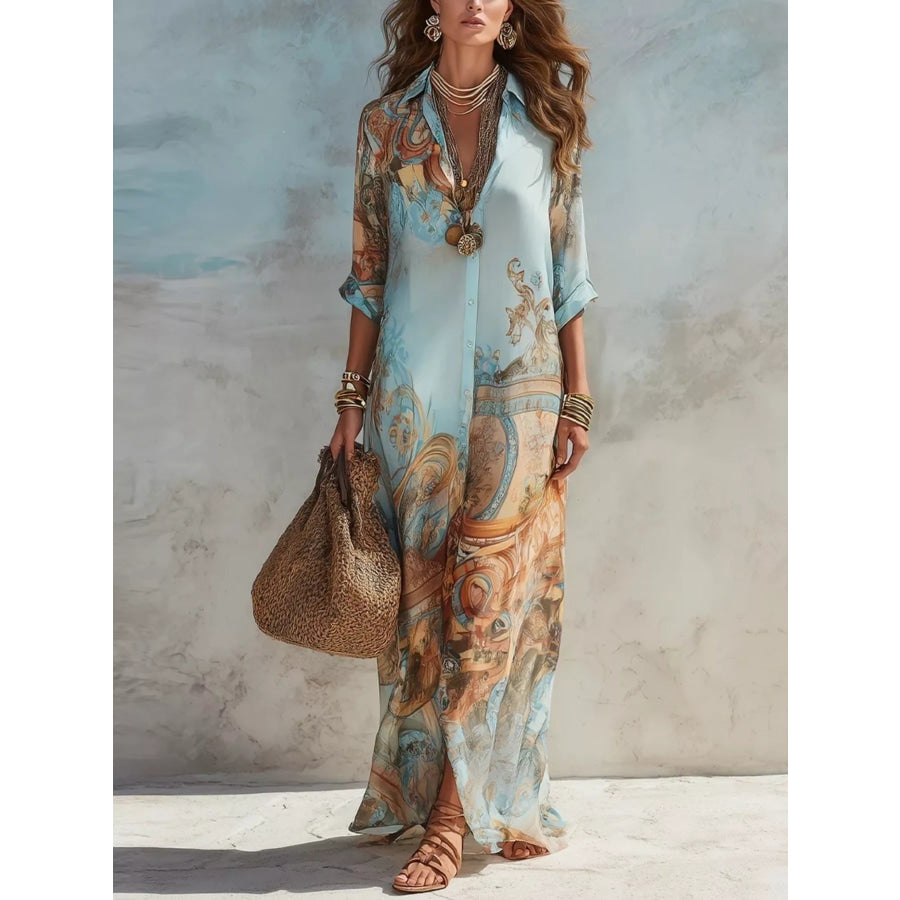 Full Size Printed Button Down Roll-Up Sleeve Shirt Maxi Dress Plus Size Light Blue / XS Apparel and Accessories