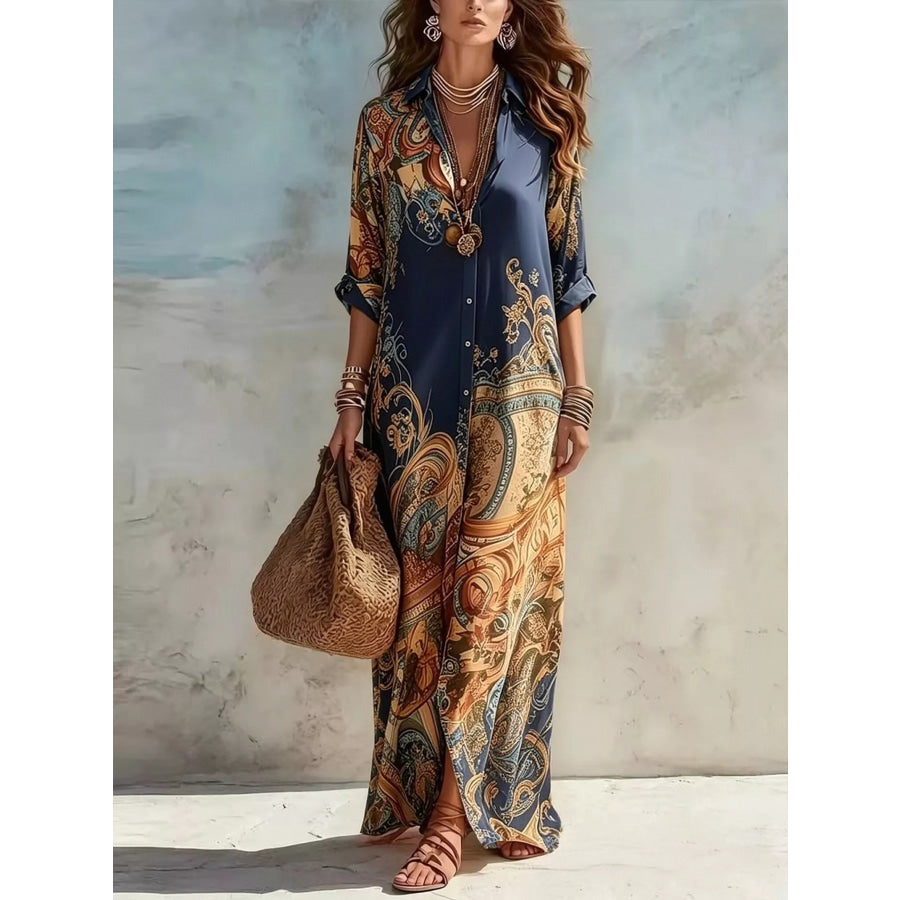 Full Size Printed Button Down Roll-Up Sleeve Shirt Maxi Dress Plus Size Navy Blue / XS Apparel and Accessories