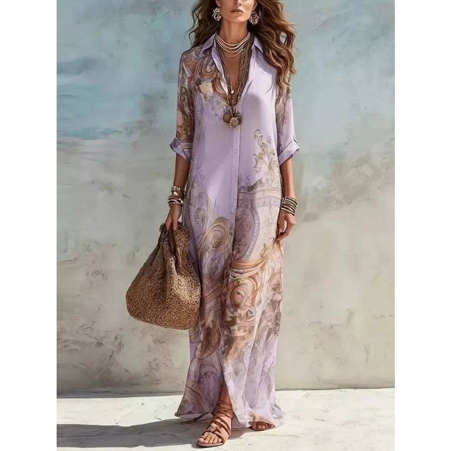 Full Size Printed Button Down Roll-Up Sleeve Shirt Maxi Dress Plus Size Purple / XS Apparel and Accessories