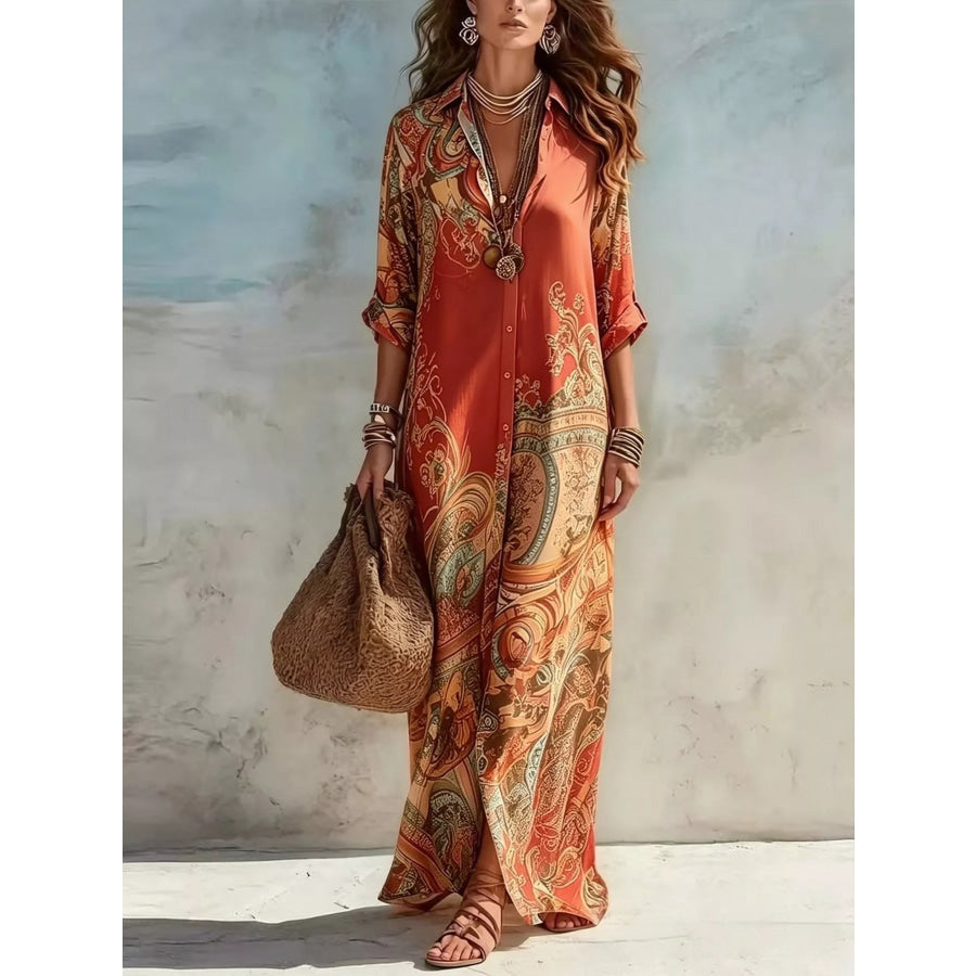 Full Size Printed Button Down Roll-Up Sleeve Shirt Maxi Dress Plus Size Rust / XS Apparel and Accessories
