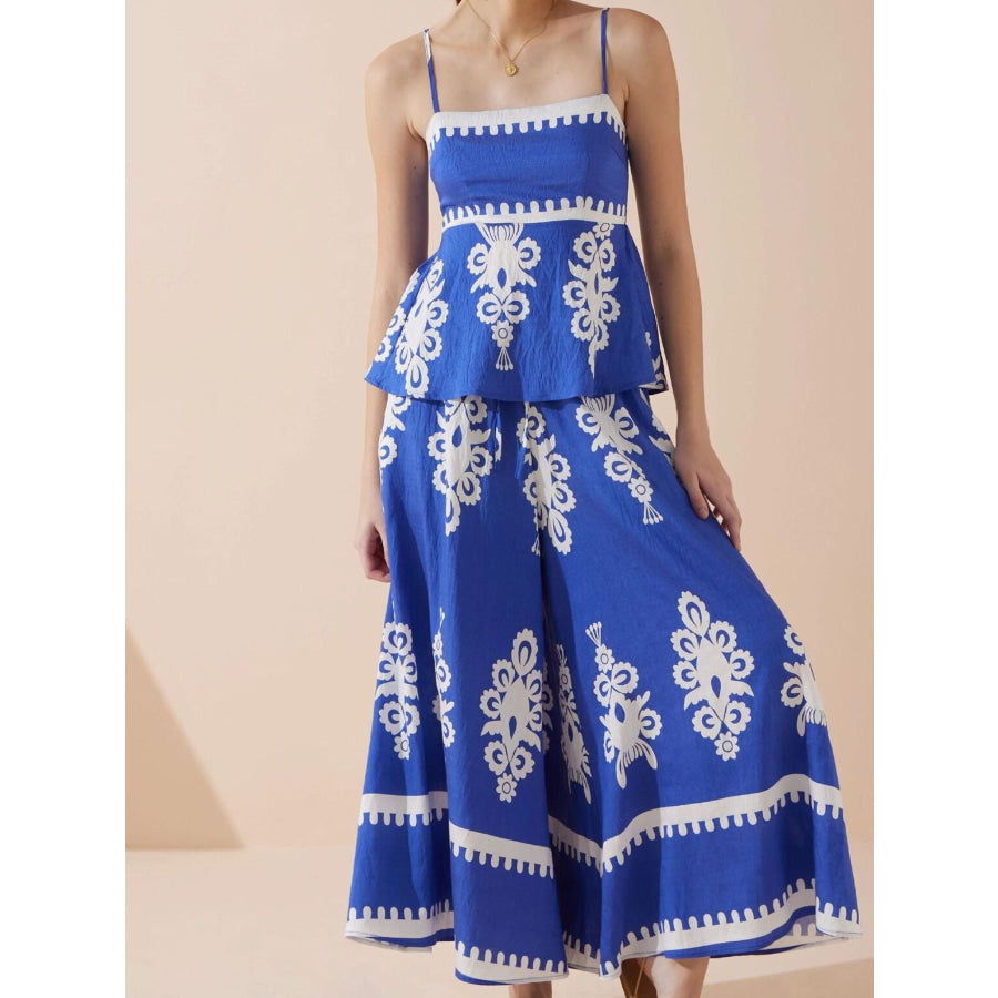 Full Size Printed Cami and Wide Leg Pants Set Plus Blue / S Apparel Accessories