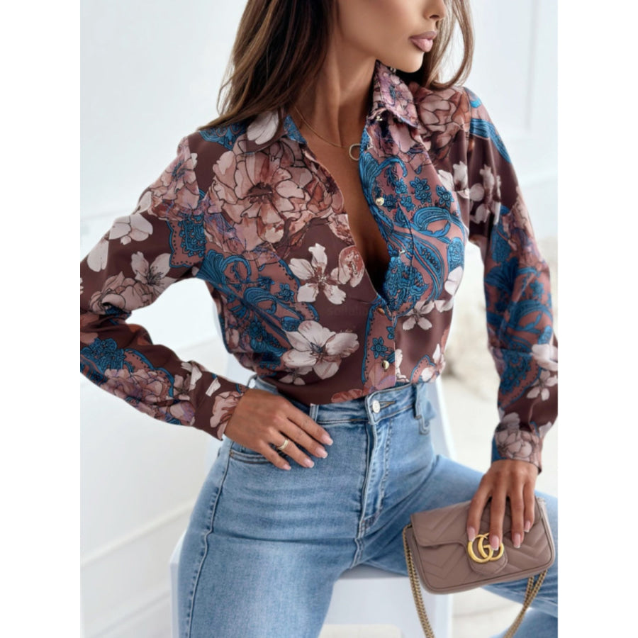 Full Size Printed Collared Neck Long Sleeve Shirt Apparel and Accessories