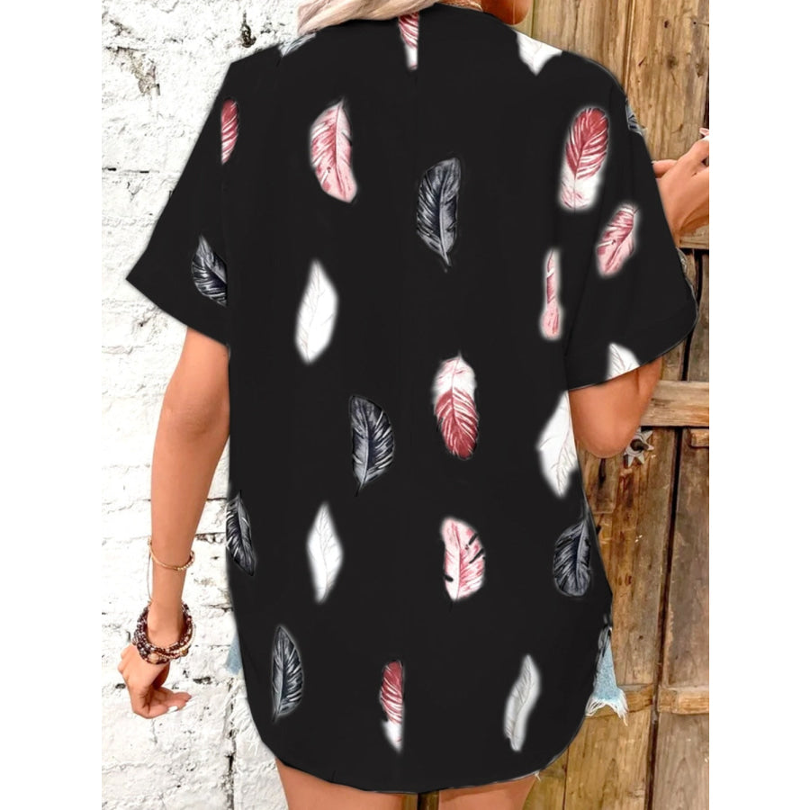 Full Size Printed Collared Neck Short Sleeve Blouse Apparel and Accessories