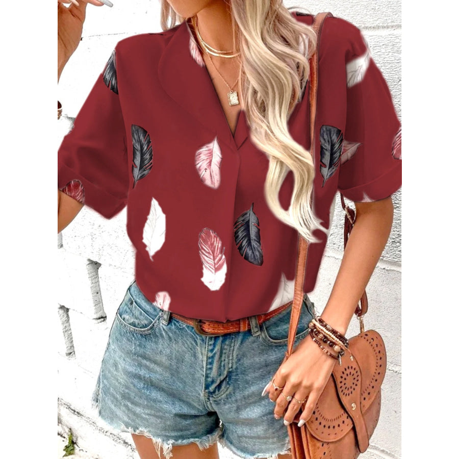 Full Size Printed Collared Neck Short Sleeve Blouse Apparel and Accessories