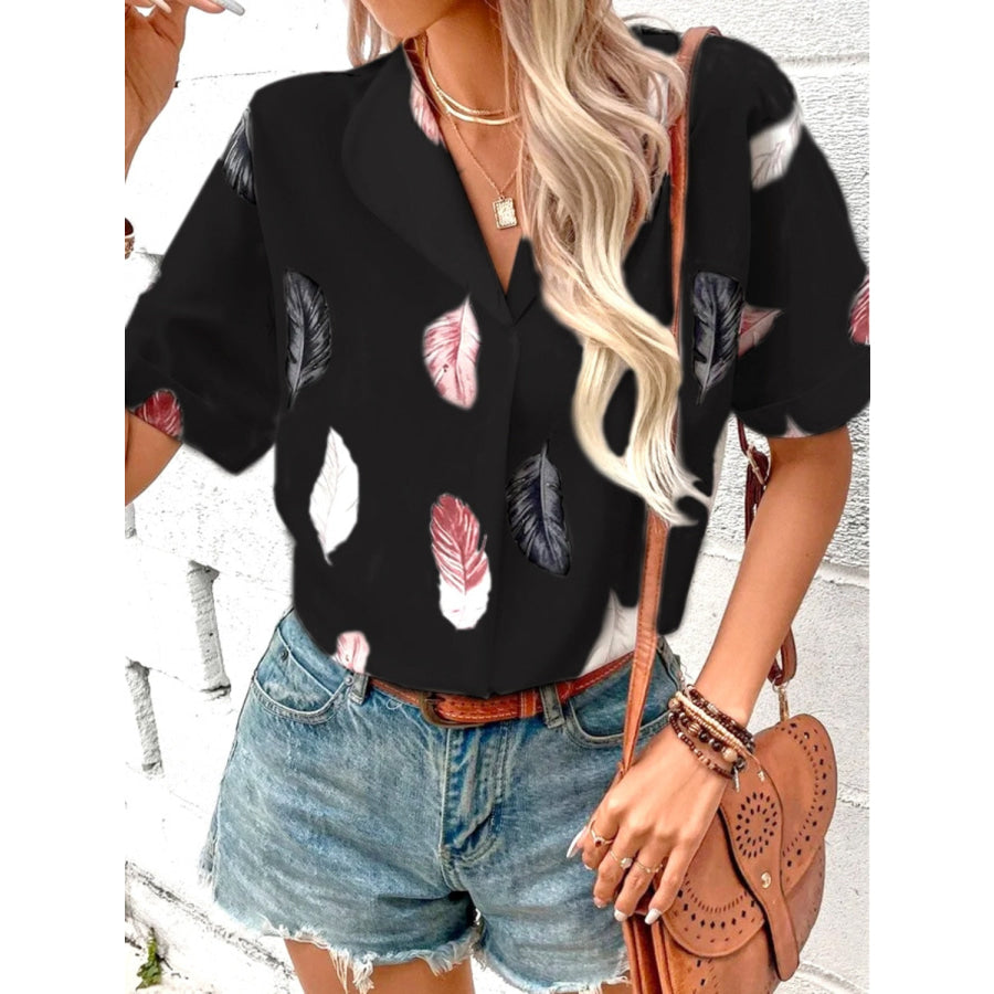 Full Size Printed Collared Neck Short Sleeve Blouse Apparel and Accessories