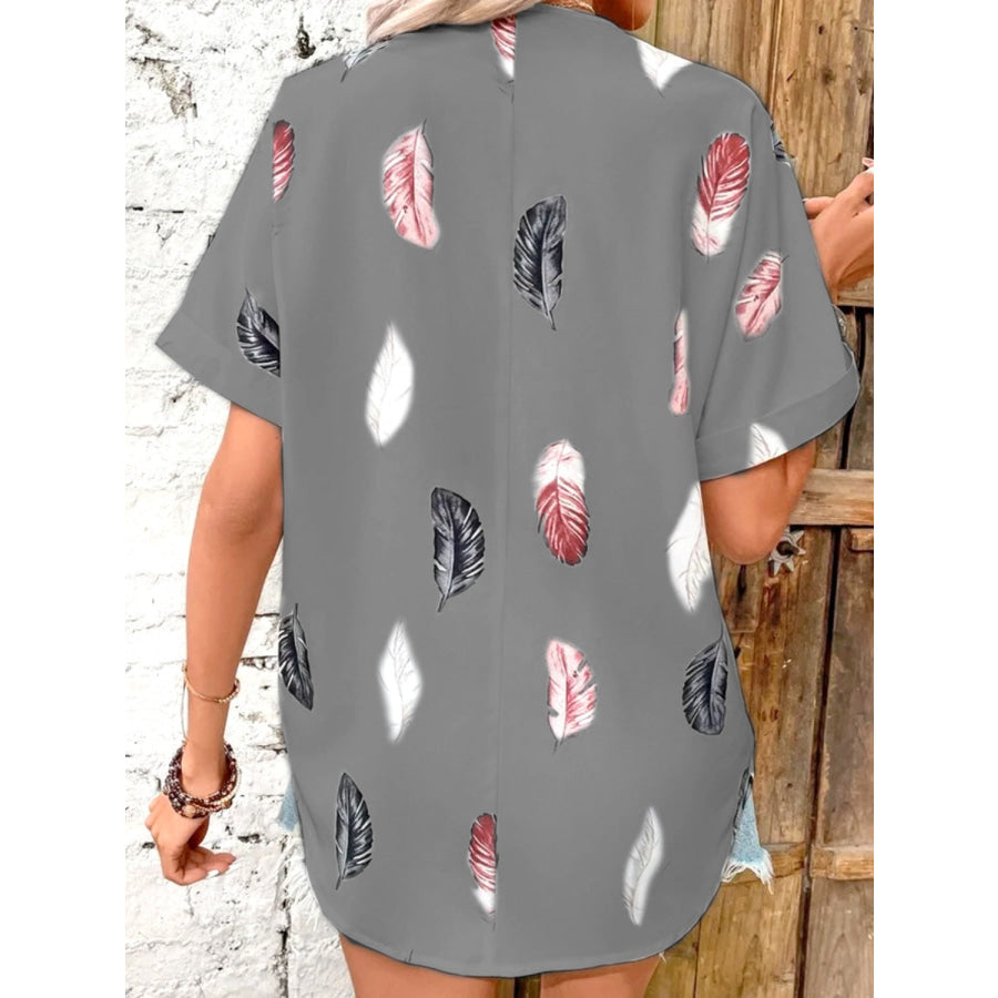 Full Size Printed Collared Neck Short Sleeve Blouse Apparel and Accessories