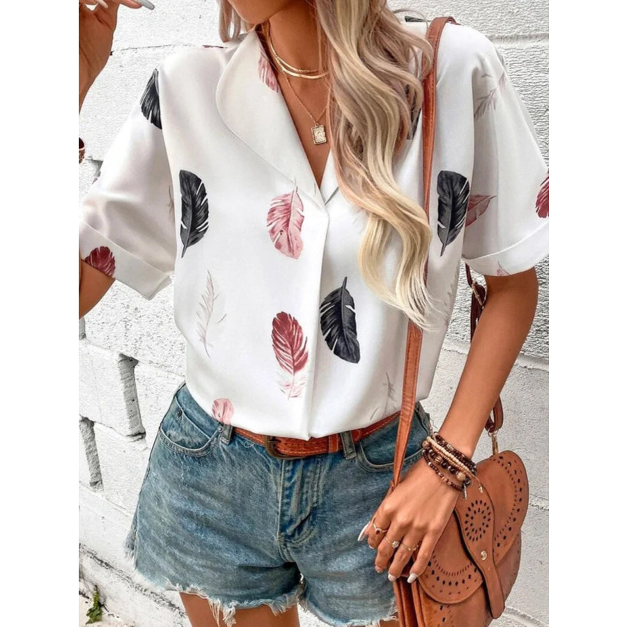 Full Size Printed Collared Neck Short Sleeve Blouse Apparel and Accessories