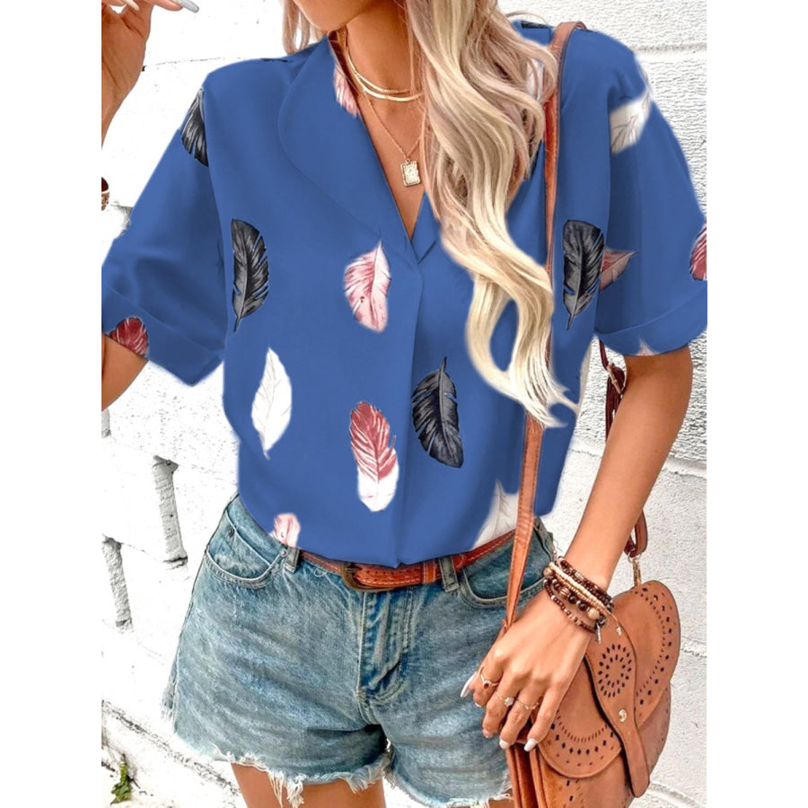 Full Size Printed Collared Neck Short Sleeve Blouse Apparel and Accessories