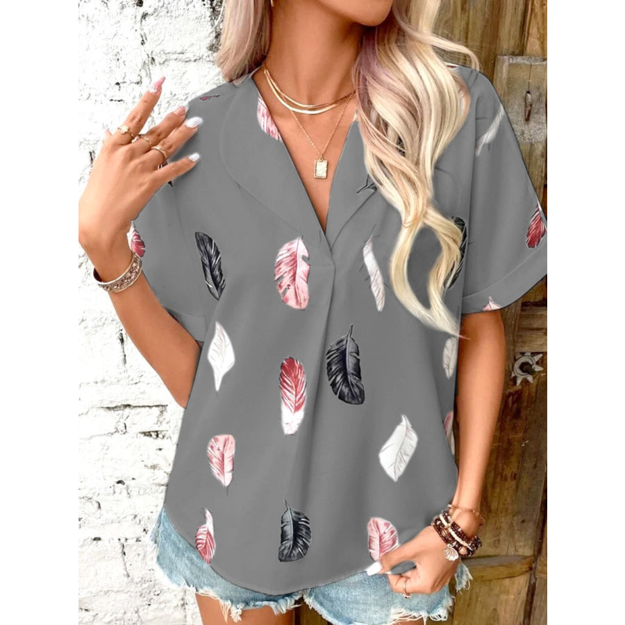 Full Size Printed Collared Neck Short Sleeve Blouse Apparel and Accessories