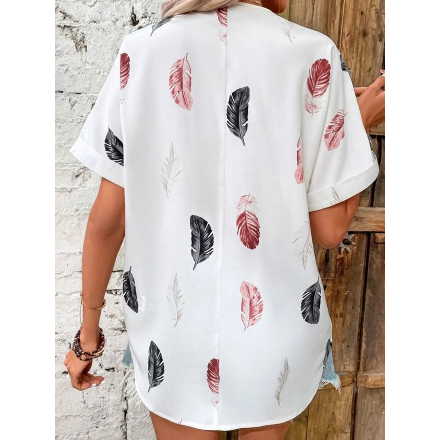 Full Size Printed Collared Neck Short Sleeve Blouse Apparel and Accessories