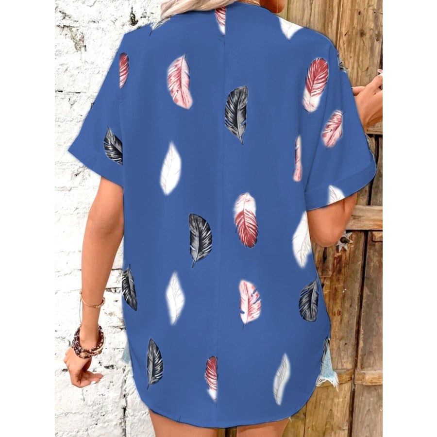 Full Size Printed Collared Neck Short Sleeve Blouse Apparel and Accessories