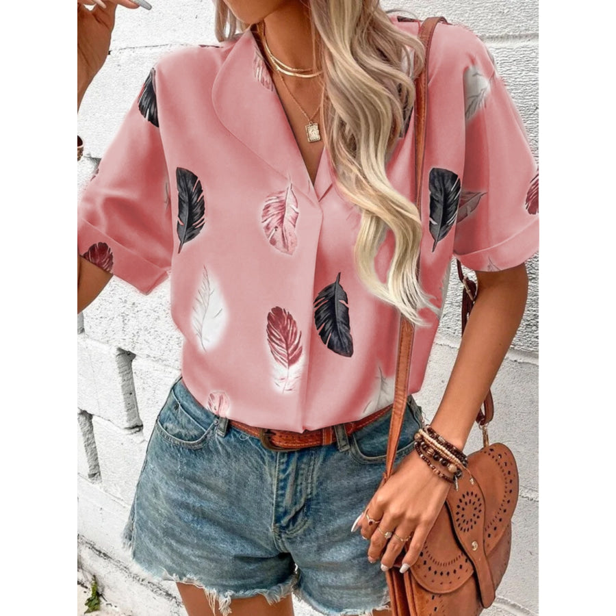 Full Size Printed Collared Neck Short Sleeve Blouse Apparel and Accessories