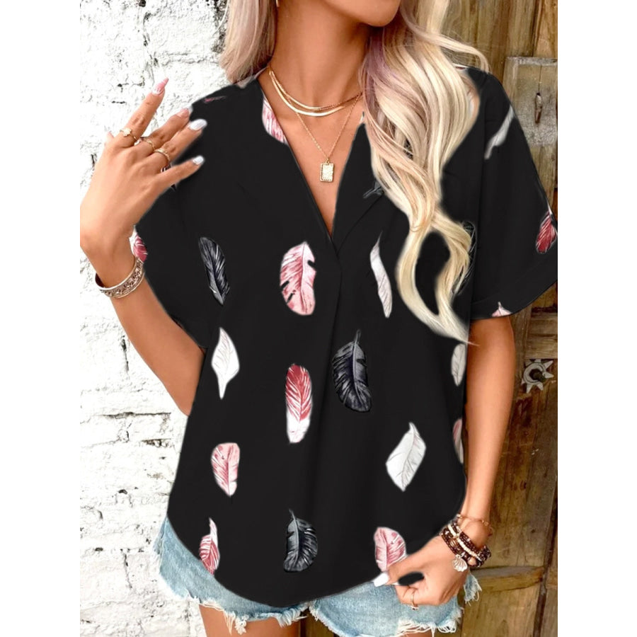 Full Size Printed Collared Neck Short Sleeve Blouse Black / S Apparel and Accessories