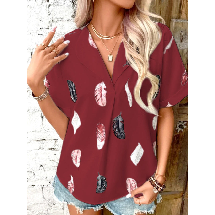 Full Size Printed Collared Neck Short Sleeve Blouse Burgundy / S Apparel and Accessories