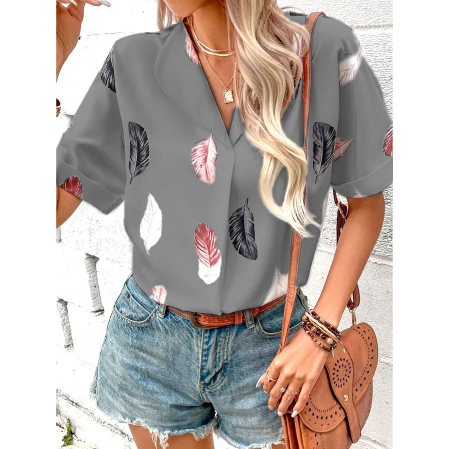 Full Size Printed Collared Neck Short Sleeve Blouse Dark Gray / S Apparel and Accessories