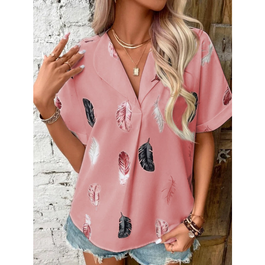 Full Size Printed Collared Neck Short Sleeve Blouse Dusty Pink / S Apparel and Accessories