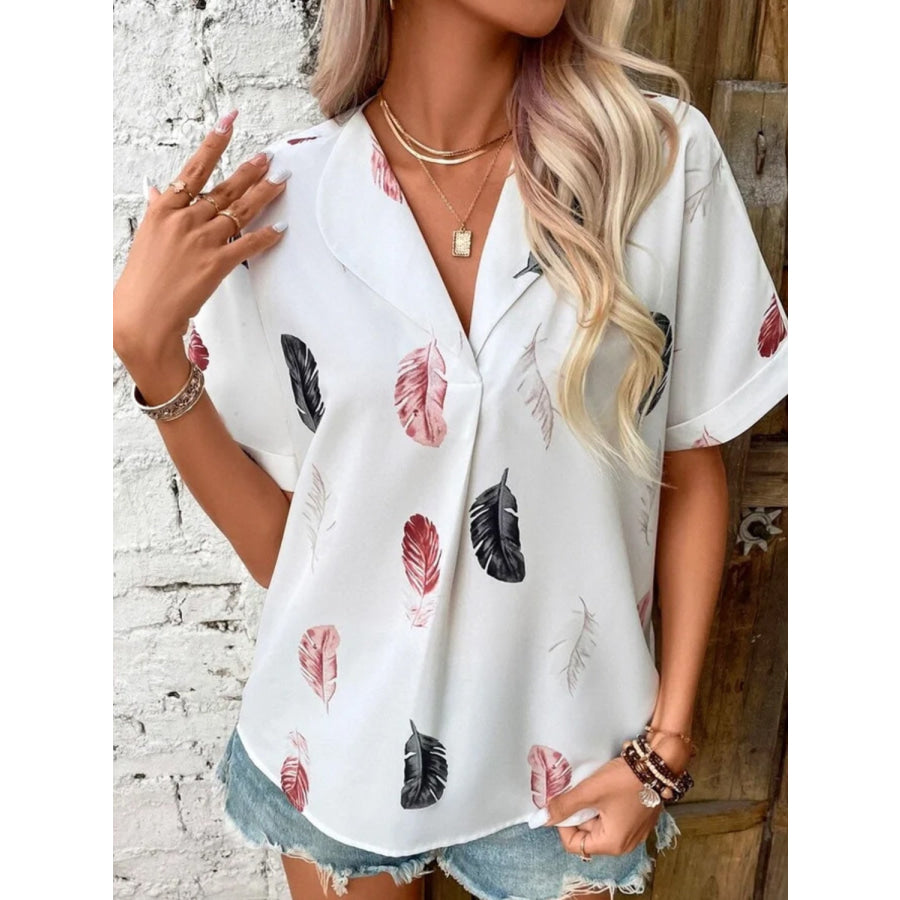 Full Size Printed Collared Neck Short Sleeve Blouse White / S Apparel and Accessories