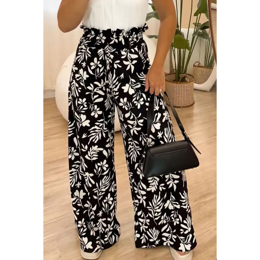 Full Size Printed High Waist Wide Leg Pants Black / S Apparel and Accessories