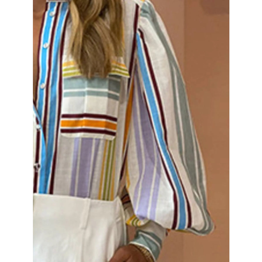Full Size Printed Lantern Sleeve Button Up Shirt Plus Size Apparel and Accessories